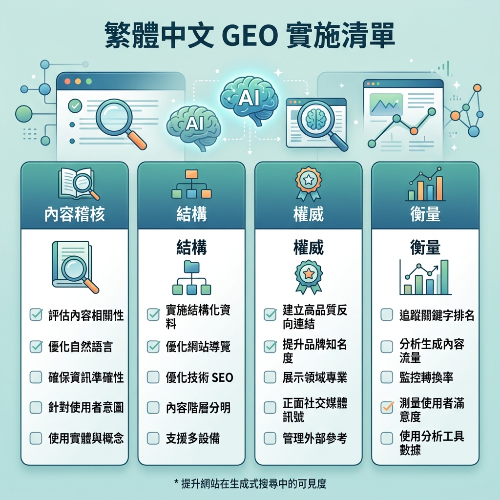 GEO 内容检查矩阵，展示常见错误、实用修复和每个修复改善的 AI 引用信号。