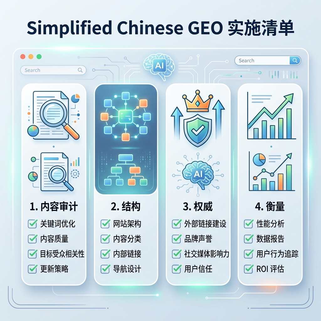 GEO 内容检查矩阵，展示常见错误、实用修复和每个修复改善的 AI 引用信号。
