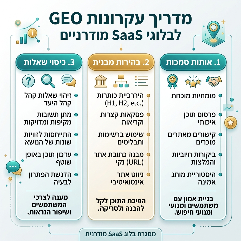 六步 GEO 内容工作流：问题、直接答案、证据、实体、FAQ 和衡量。