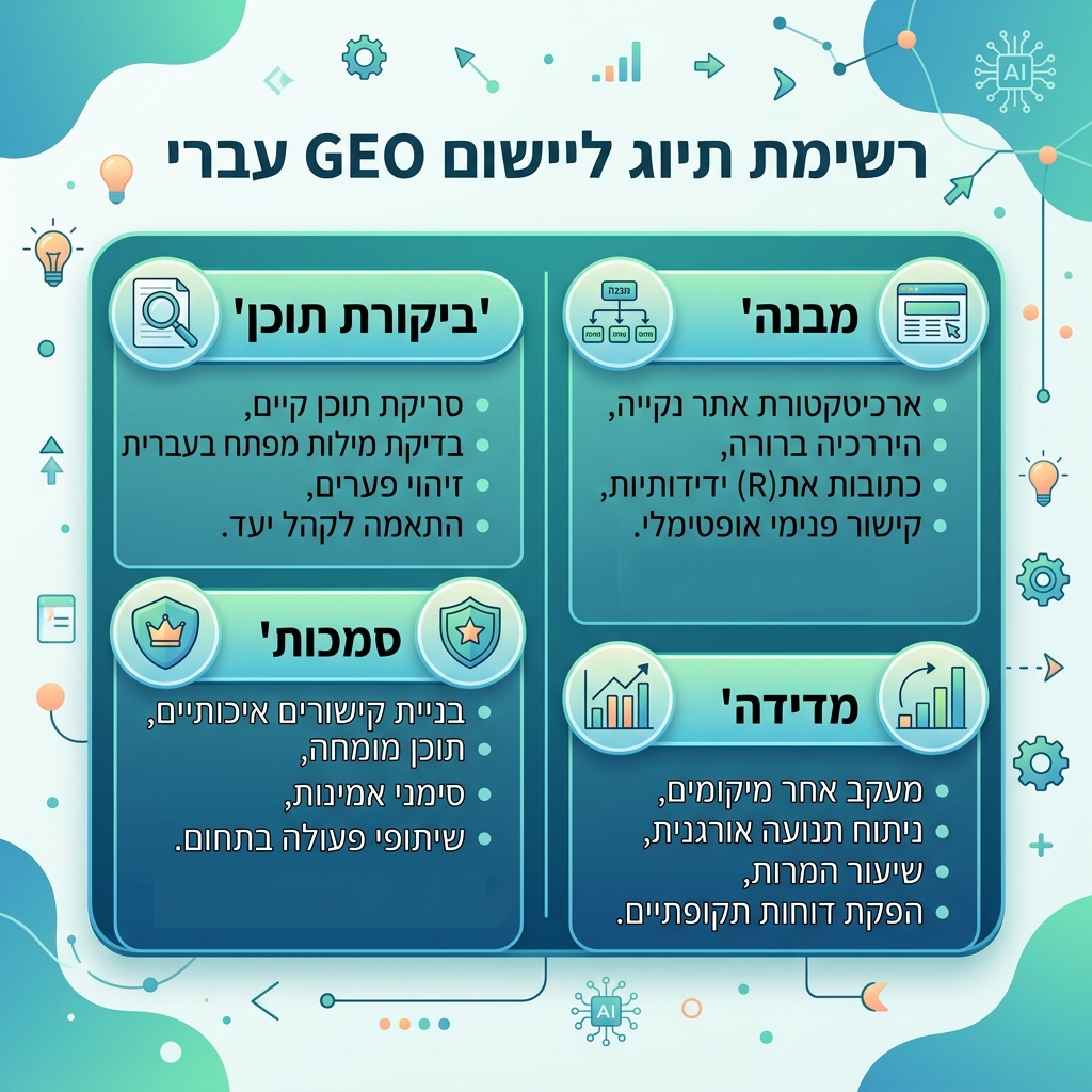 GEO 内容检查矩阵，展示常见错误、实用修复和每个修复改善的 AI 引用信号。