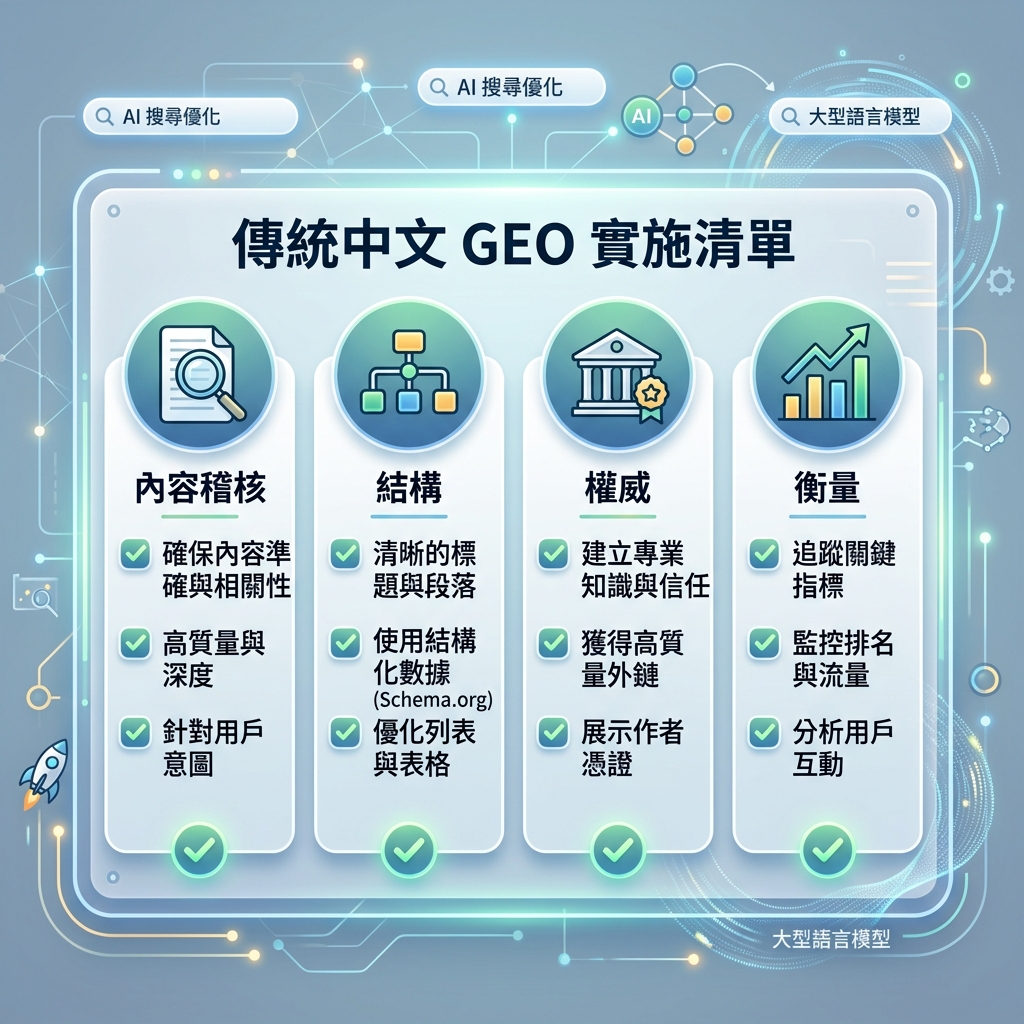 2026 GEO 工作流，包含页面证据、第三方来源、FAQ schema、社区信号和引用追踪