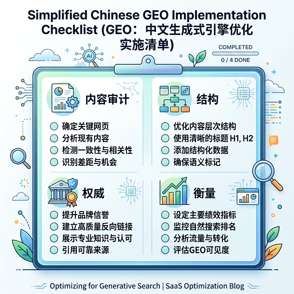 2026 GEO 工作流，包含页面证据、第三方来源、FAQ schema、社区信号和引用追踪