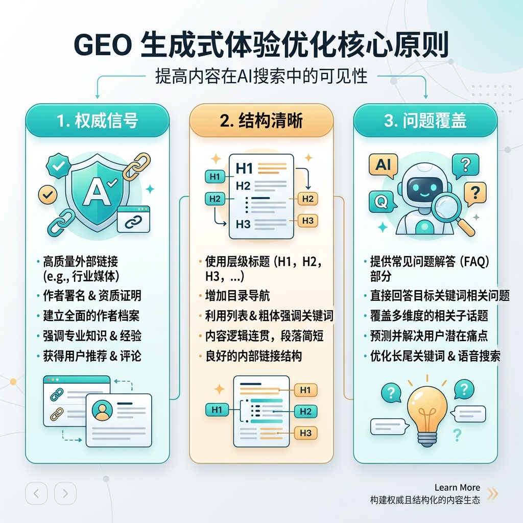 四层 GEO scorecard，展示提及率、情绪和准确性、答案位置稳定性、业务影响如何从 AI 可见性走向收入证据。