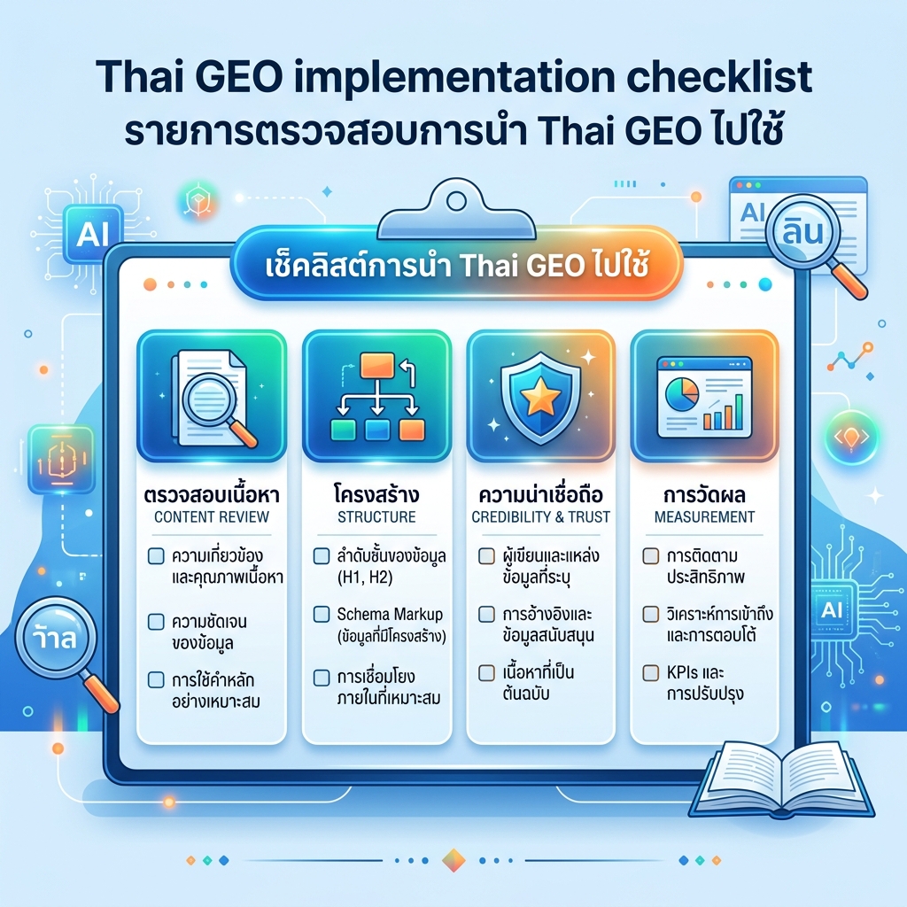 แผนภาพ workflow แสดง baseline, cadence monitoring และ action loop สำหรับเปลี่ยนข้อมูล GEO ให้เป็น content, source และ conversion improvements