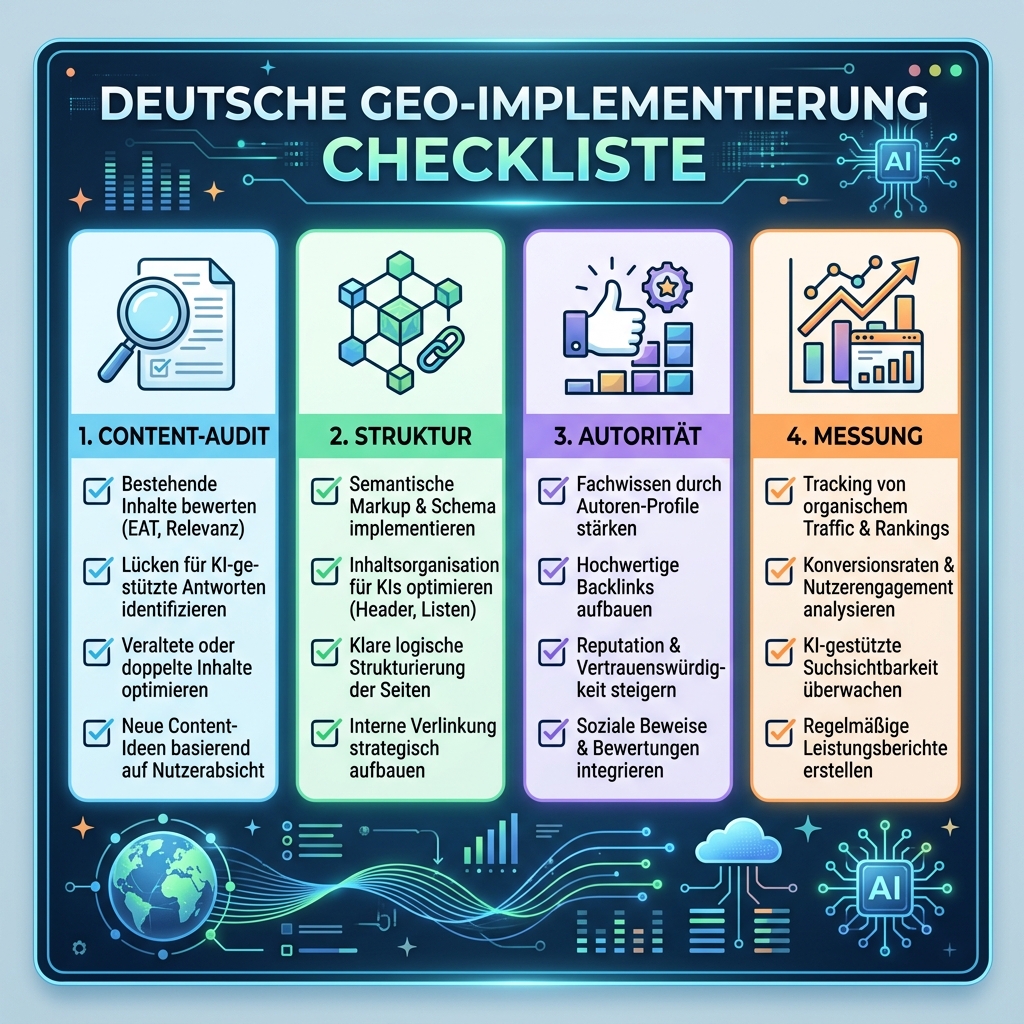 Dreistufiger GEO-Messprozess: Baseline, feste Kadenz und Aktionen für Inhalte und Quellen.