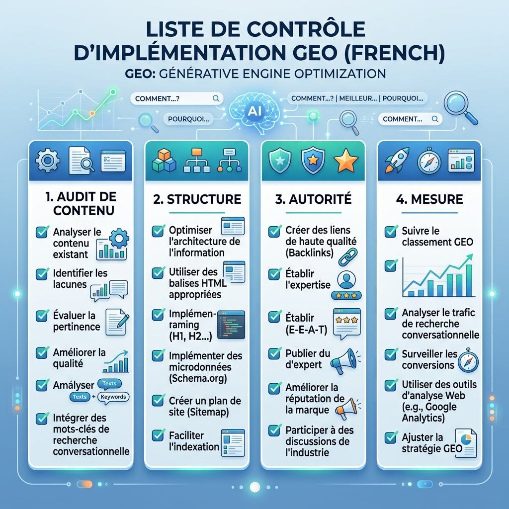 Processus GEO en trois étapes : baseline, cadence et actions de contenu/source.
