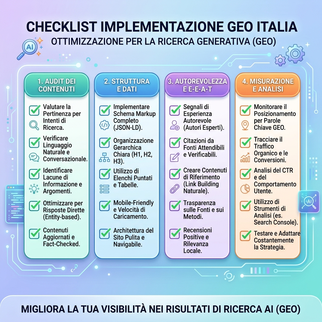 Processo GEO in tre step: baseline, cadenza e azioni su contenuto e fonti.