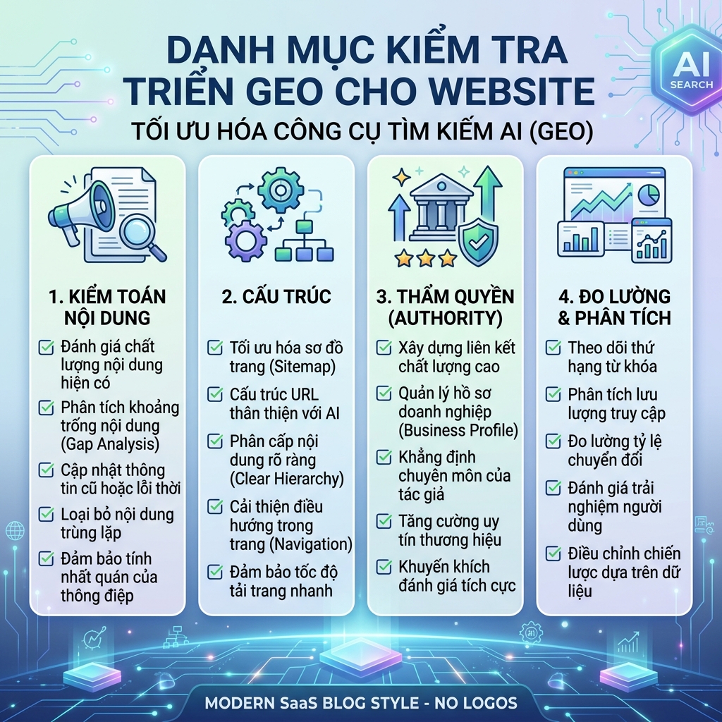 Quy trình đo lường GEO: baseline, nhịp theo dõi và hành động về nội dung hoặc nguồn dẫn