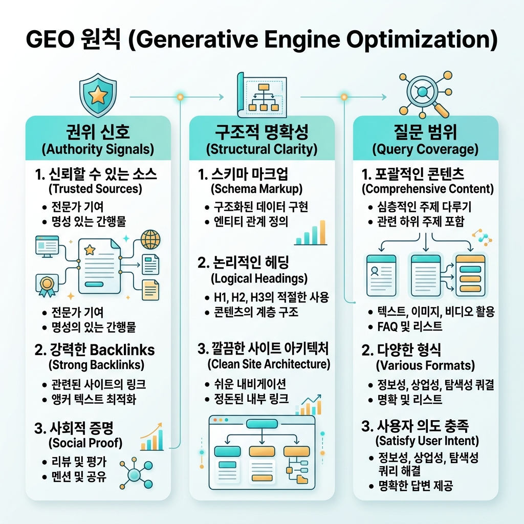 GEO와 전통적 SEO의 차이를 보여 주는 정보 다이어그램