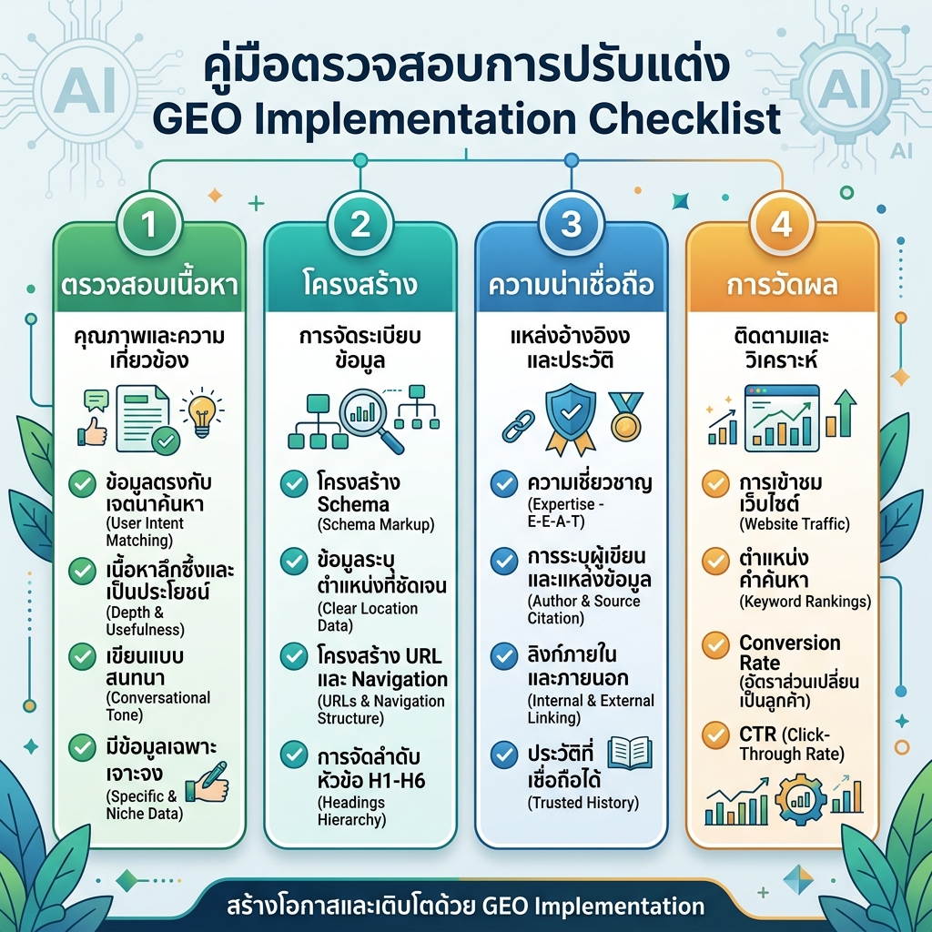 โครงสร้างหน้า GEO ที่เชื่อมคำตอบ หลักฐาน โครงสร้าง และการลงมือทำ