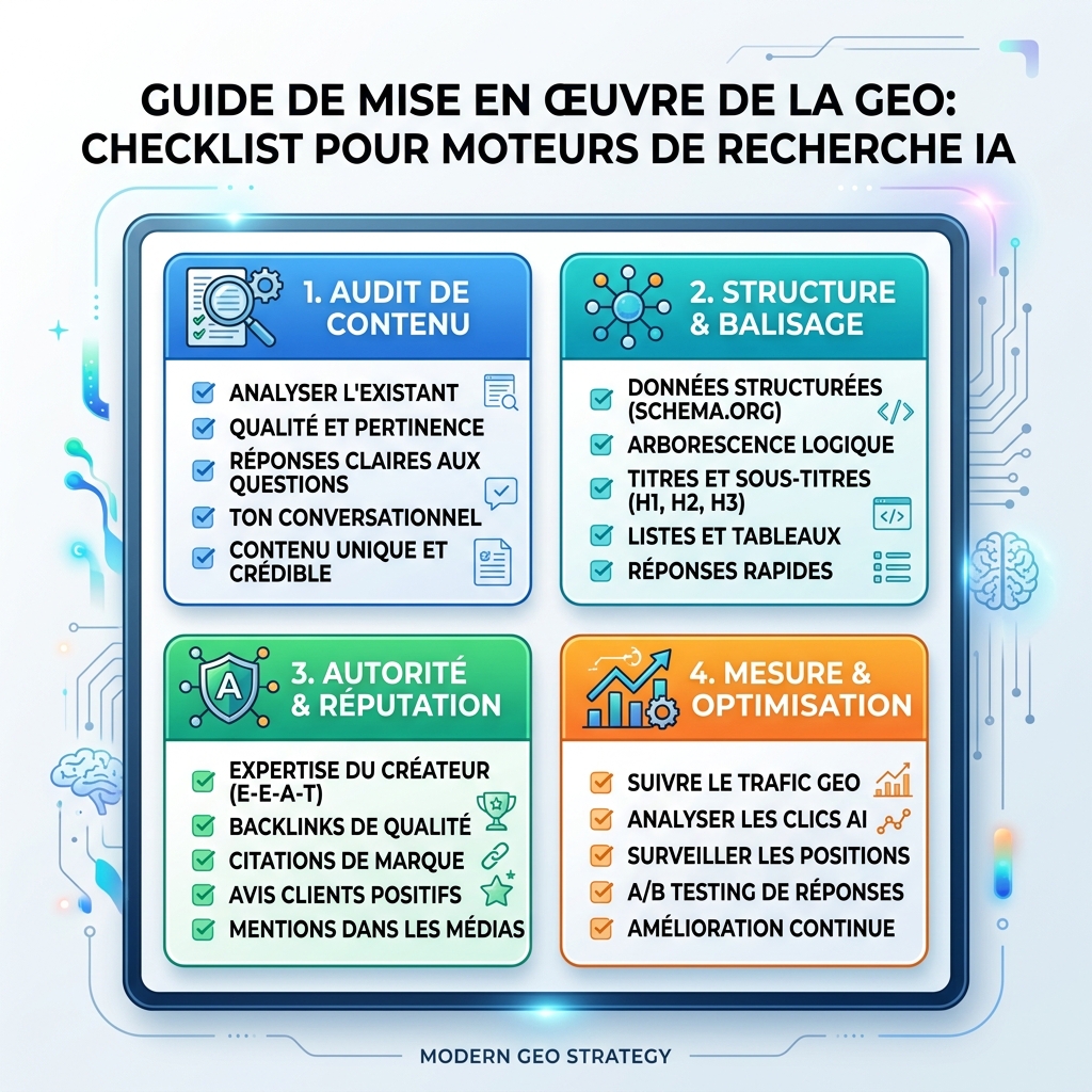 Structure de page GEO reliant réponse, preuves, structure et action