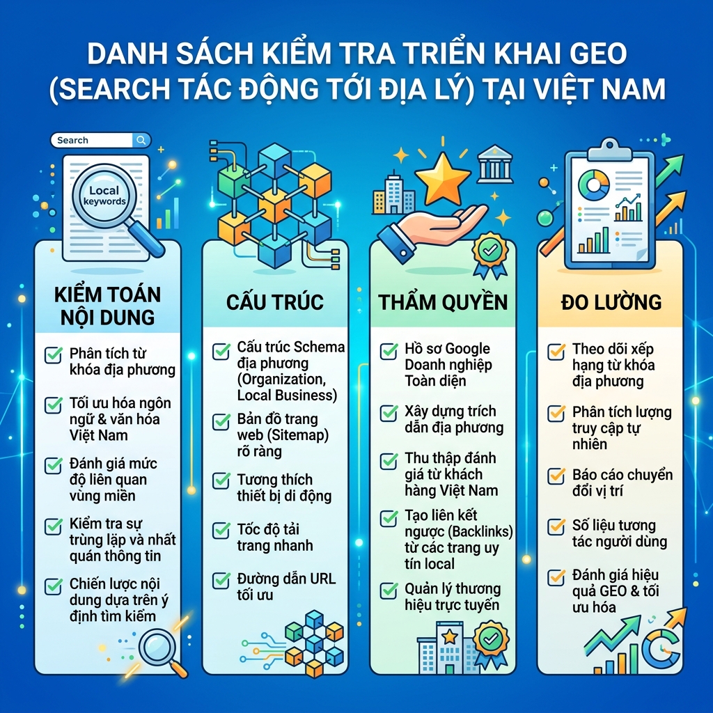 Cấu trúc trang GEO nối câu trả lời, bằng chứng, cấu trúc và hành động