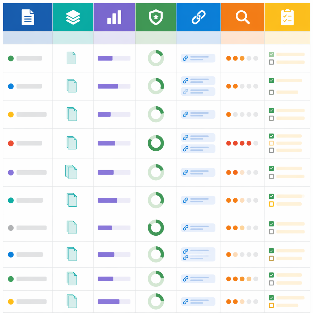 Planilha em estilo tracking sheet para uma biblioteca de prompts GEO com colunas de prompt, tipo, página-alvo, menção da marca, URL citada, lacuna e próxima ação.