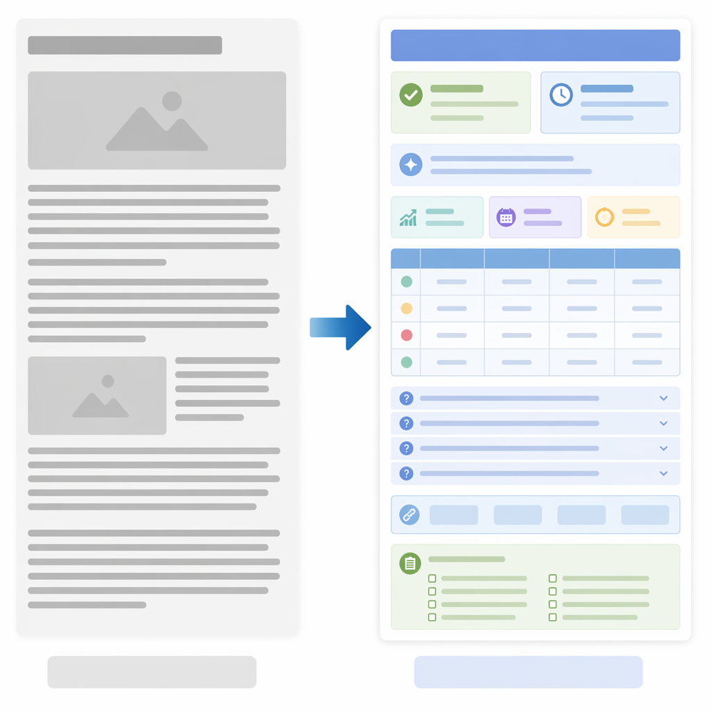 Diagrama antes e depois mostrando um artigo antigo se tornando uma página pronta para GEO com resposta curta, fatos atualizados, tabela diagnóstica, FAQ baseada em prompts, links internos e checklist de QA.
