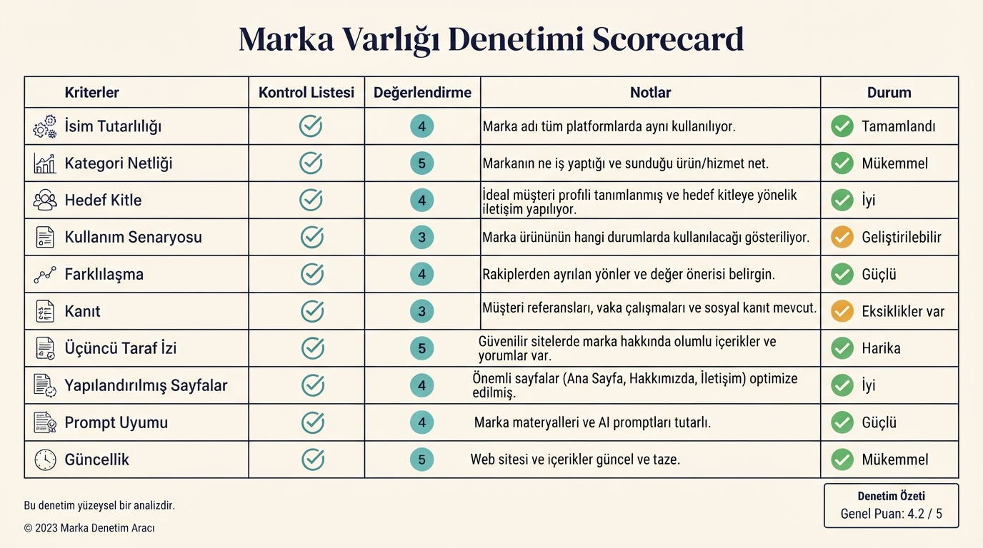 ChatGPT GEO marka varlığı denetimi scorecard'ı