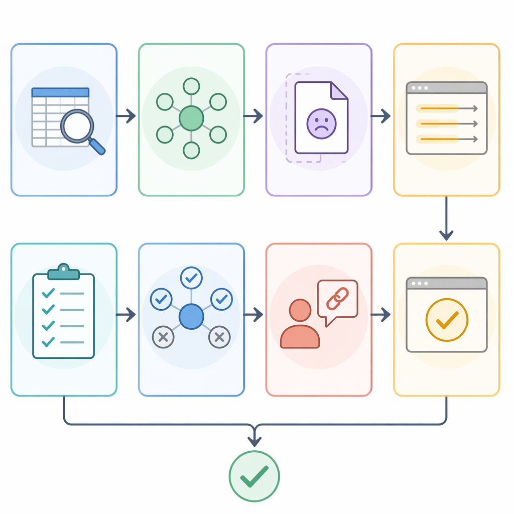 Fluxo de auditoria instrucional mostrando como Hermes revisa inventário de conteúdo, encontra hubs e páginas órfãs, combina âncoras, checa relevância e envia mudanças de links internos para aprovação humana.