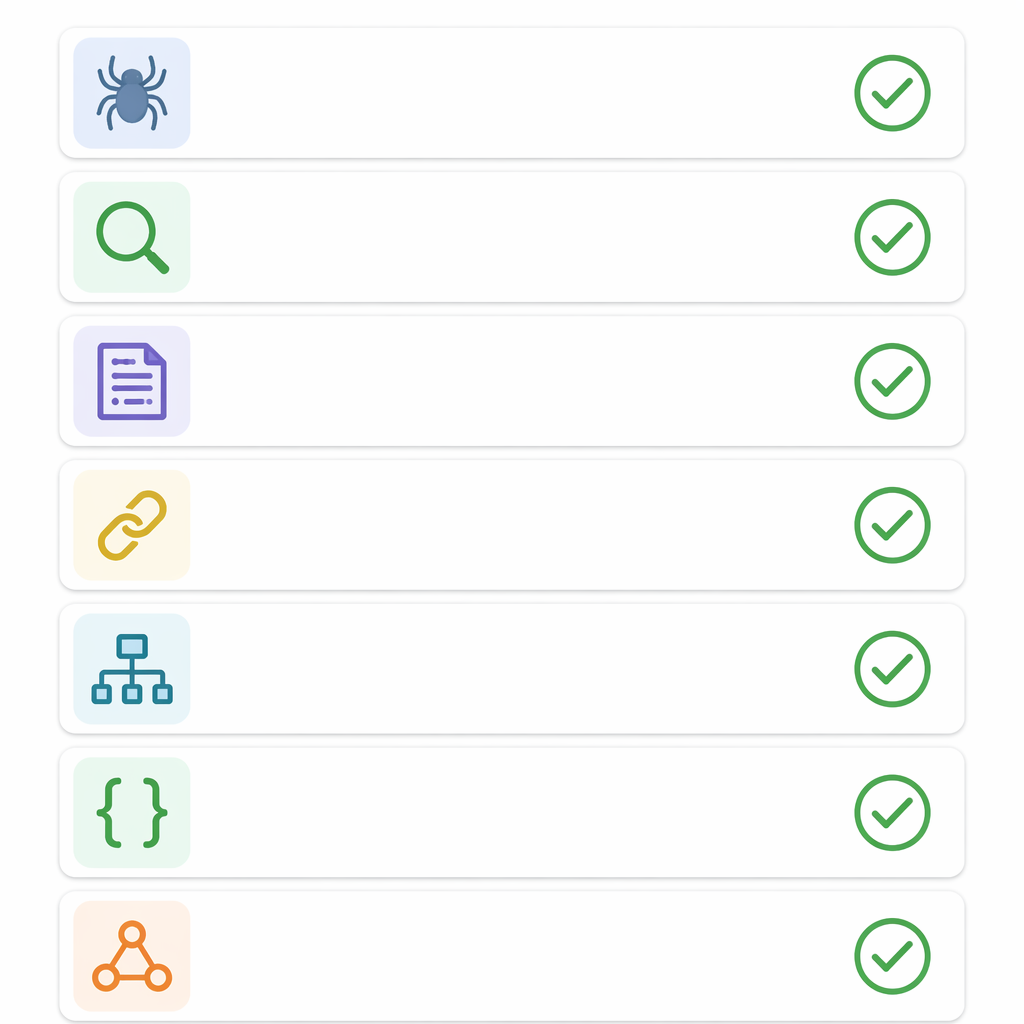 Checklist mostrando seis checagens técnicas de elegibilidade GEO: URL rastreável, página indexável, elegibilidade de snippet, canonical correto, sitemap limpo e dados estruturados válidos.
