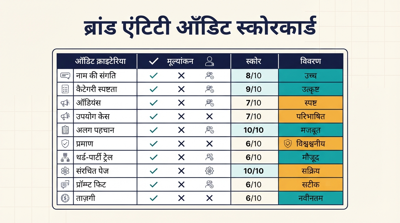 ChatGPT GEO ब्रांड एंटिटी ऑडिट स्कोरकार्ड
