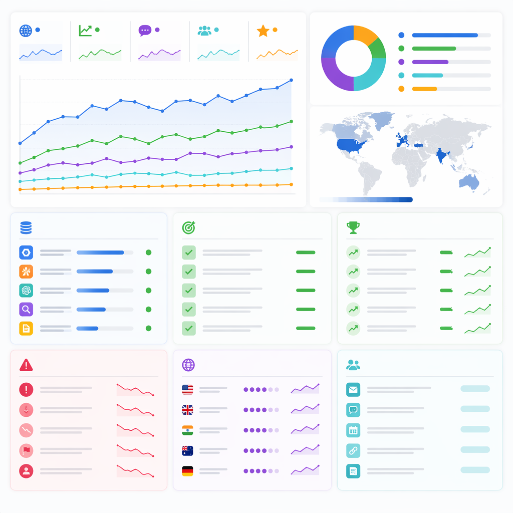 Diagrama em estilo dashboard mostrando um relatório semanal SEO/GEO com resumo executivo, fontes de dados, ações principais, ganhos, riscos, watch de GEO e seções de acompanhamento.