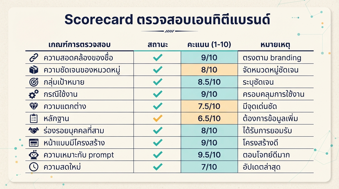 สกอร์การ์ด ตรวจสอบเอนทิตีแบรนด์ ChatGPT GEO