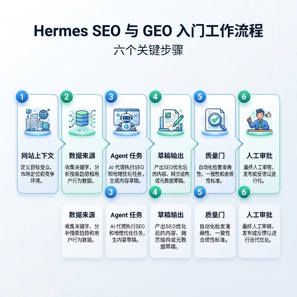 Hermes SEO 和 GEO 新手六步工作流：网站上下文、数据来源、agent 任务、草稿输出、质量门和人工审批。
