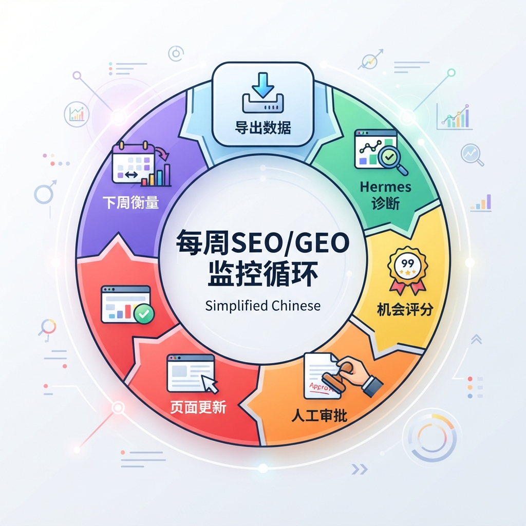 展示每周 SEO/GEO 监控闭环的圆形工作流图：导出数据、Hermes 诊断、机会评分、人工审批、页面更新、下周衡量。