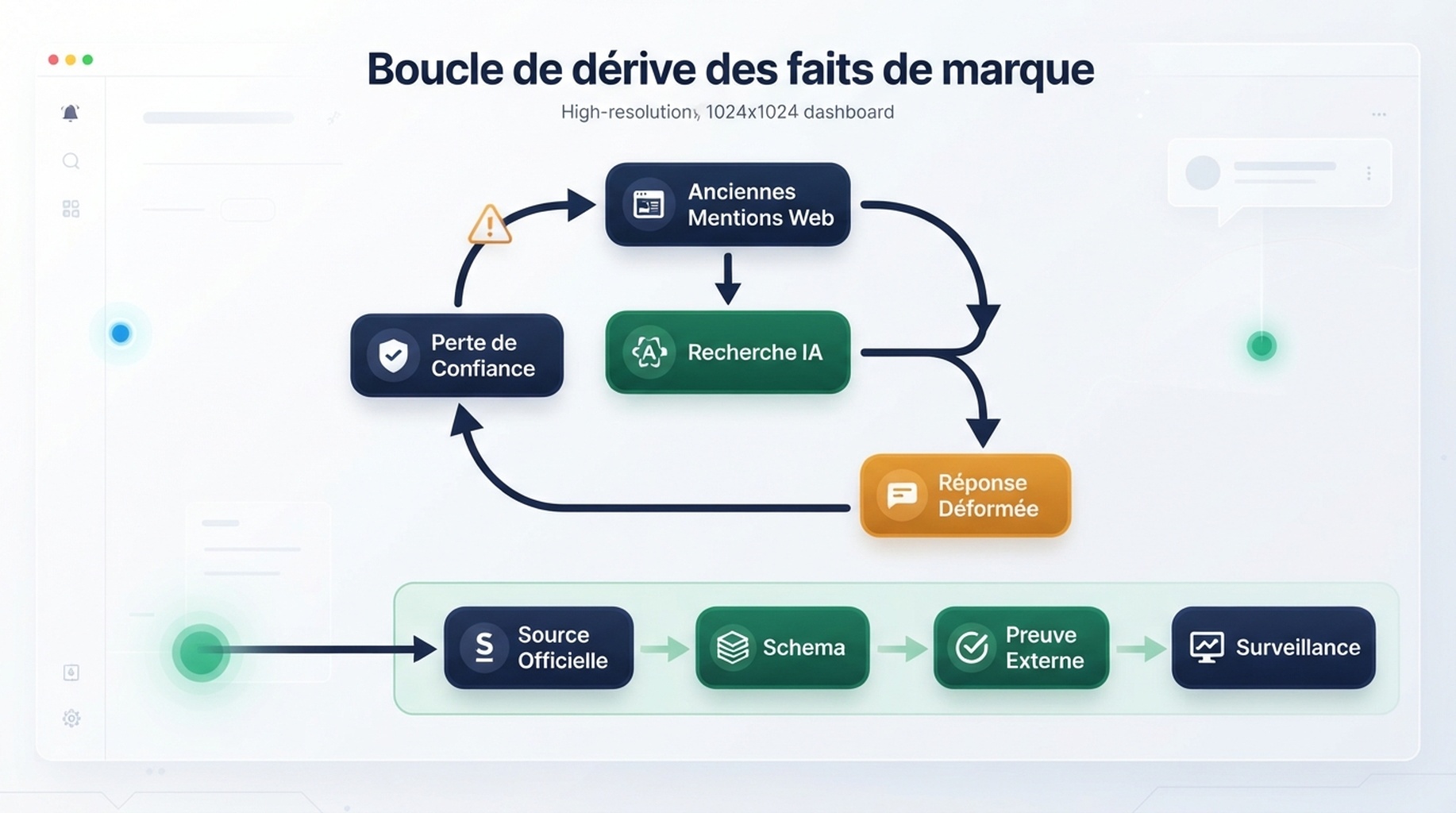 Schéma montrant des flux de données pollués transformés en réponses IA déformées puis corrigés par une couche de vérité GEO 2026