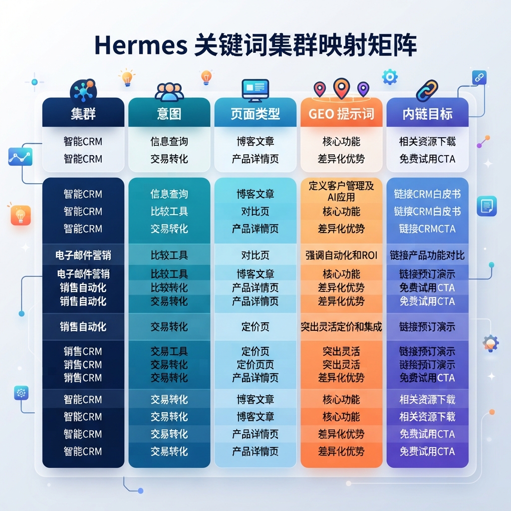 教学矩阵：Hermes 如何把关键词集群映射到意图、页面类型、GEO 提示词和内部链接目标。