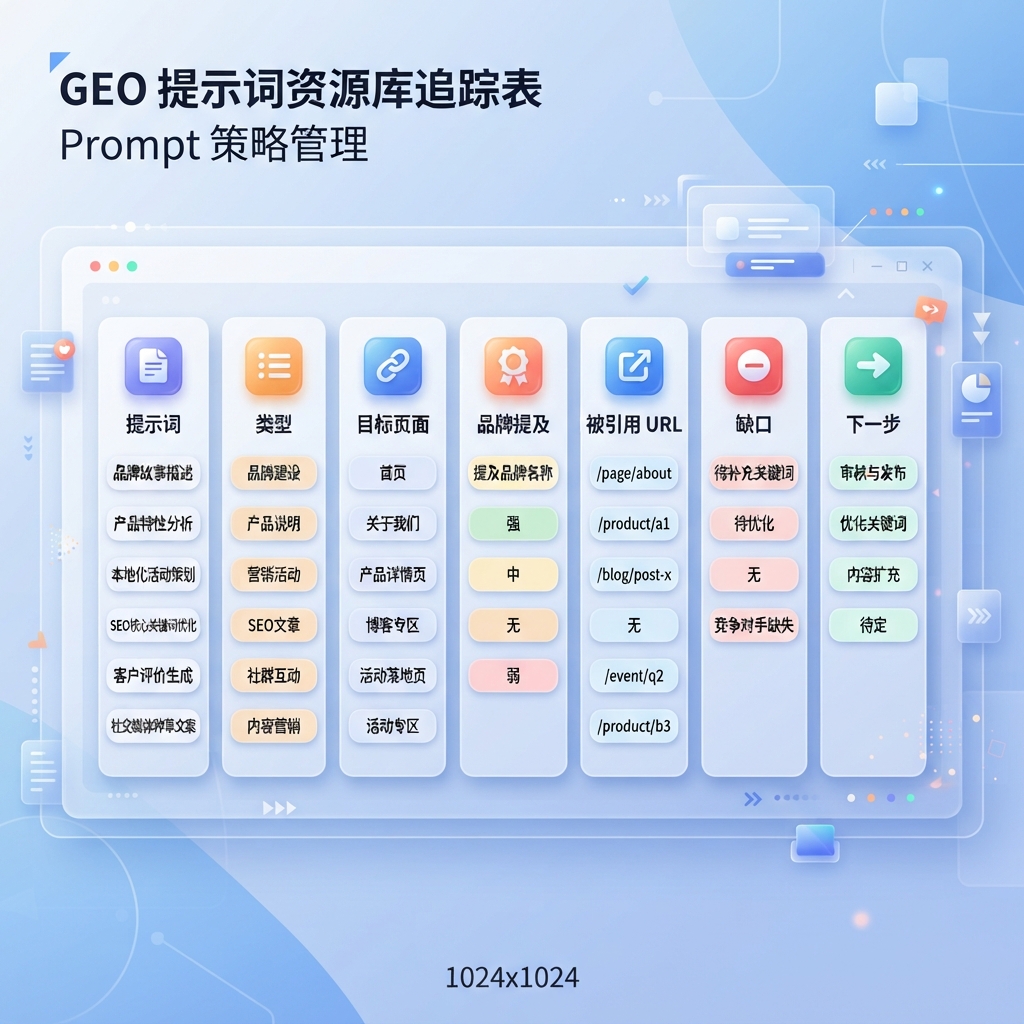GEO 提示词库的电子表格式追踪表，包含 prompt、type、target page、brand mention、cited URL、gap 和 next action 等列。