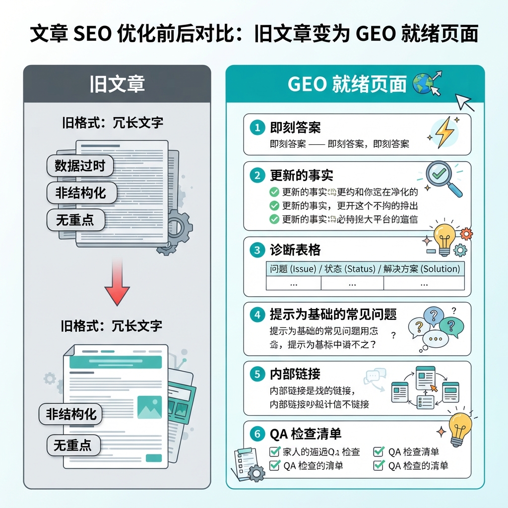 前后对比图：旧文章变成 GEO-ready 页面，包含简短答案、更新事实、诊断表、基于提示词的 FAQ、内部链接和 QA 清单。