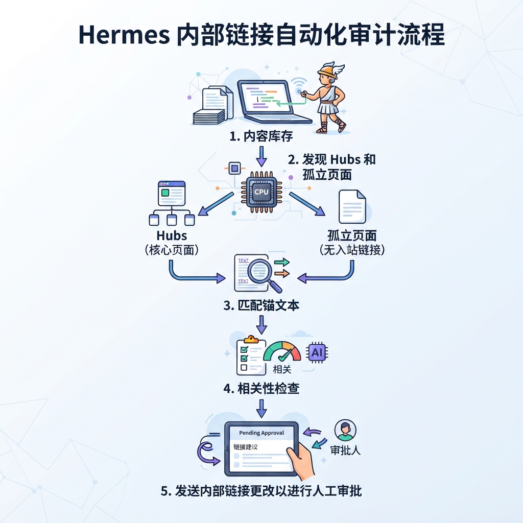 教学审计流程图：Hermes 如何审查内容库存、发现 hubs 和孤立页面、匹配 anchors、检查相关性，并将内部链接改动发送给人工审批。