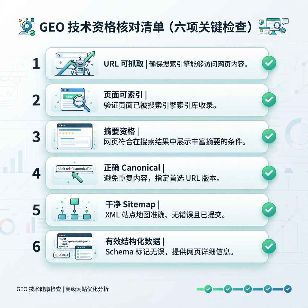 六项技术 GEO 资格检查清单：URL 可抓取、页面可索引、摘要资格、正确 canonical、干净 sitemap 和有效结构化数据。