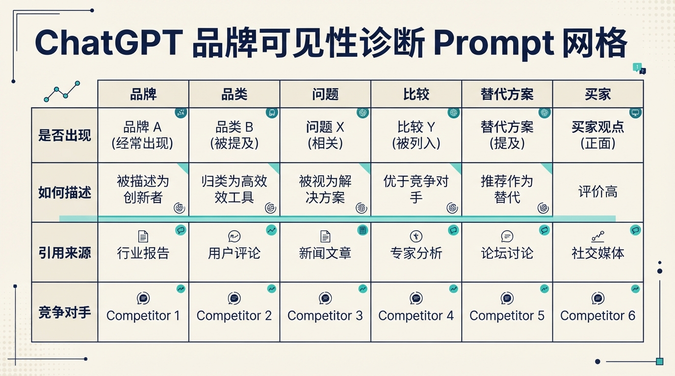 用于检查 ChatGPT 是否知道、比较、引用或推荐某个品牌的诊断 prompt 网格