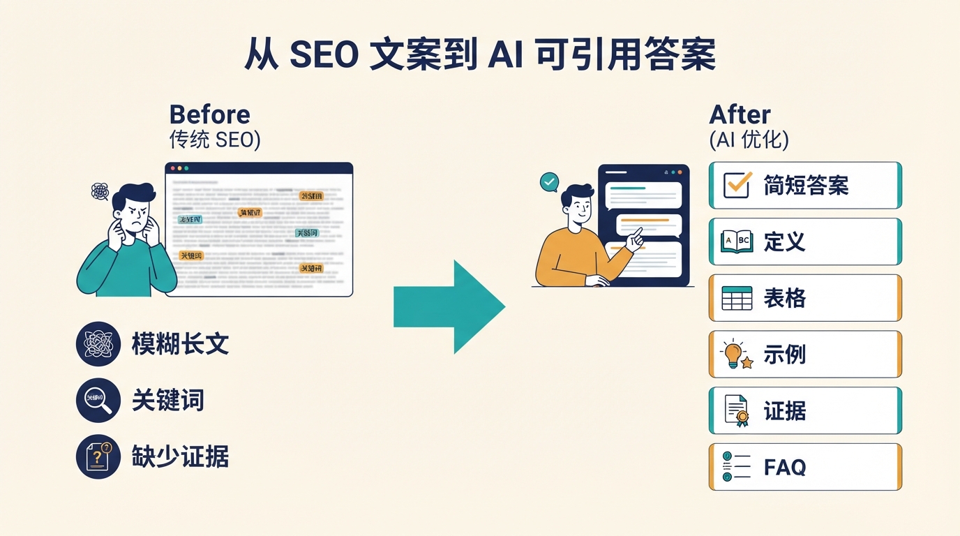 前后对比的内容提取图：把模糊 SEO 文案重建为答案块、表格、示例、证据和 FAQ