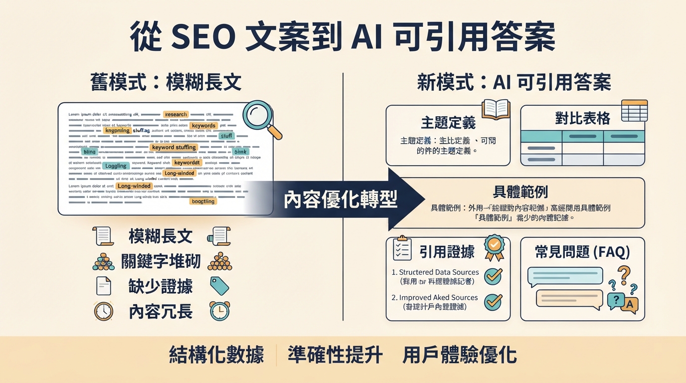 前後對比的内容提取圖：把模糊 SEO 文案重建為答案塊、表格、示例、證據和 FAQ