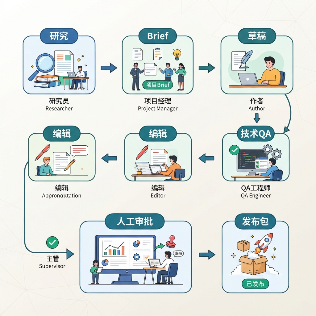 工作流图：Research、Brief、Draft、Edit、Technical QA、Human Approval 和 Publish Package 阶段，带角色标签和审批门。