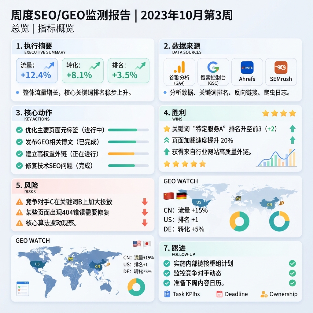 仪表盘风格图：每周 SEO/GEO 监控报告包含执行摘要、数据来源、核心动作、胜利、风险、GEO watch 和跟进小节。