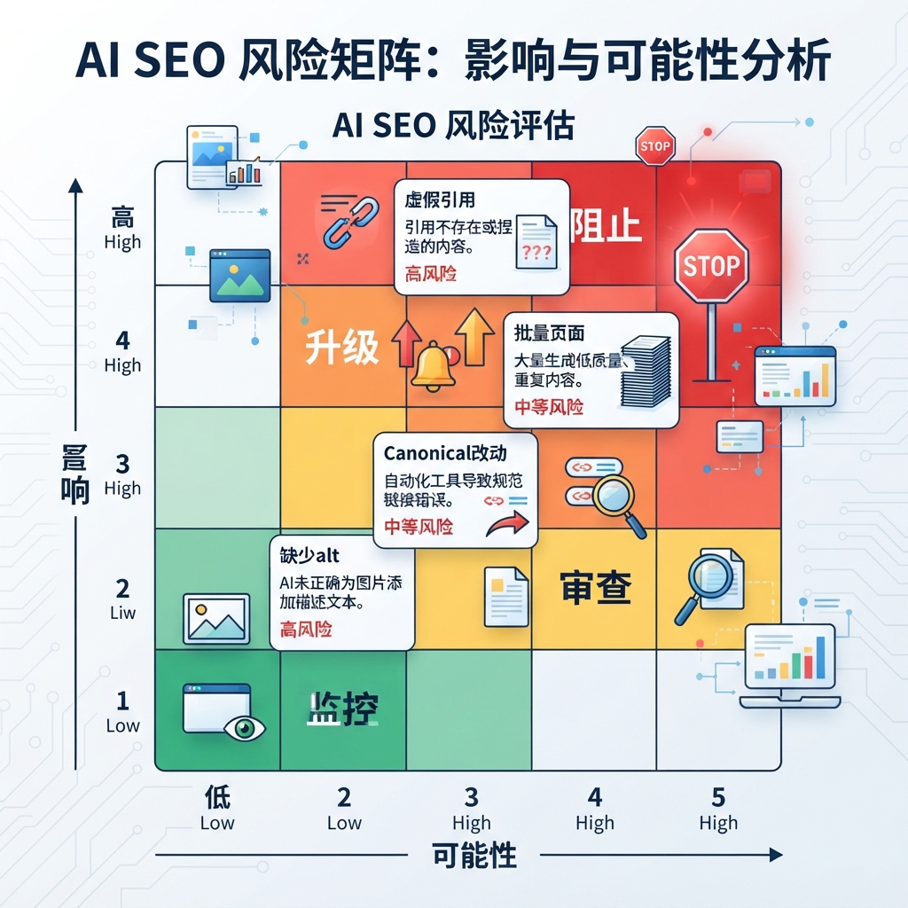 风险矩阵图：按影响和可能性展示 AI SEO 风险，包含监控、审查、阻止和升级区域。