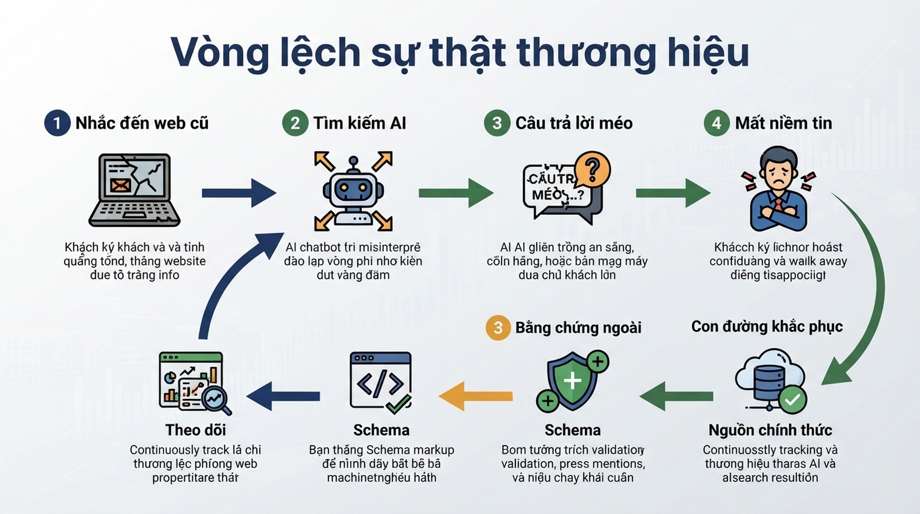 Sơ đồ dữ liệu ô nhiễm biến thành câu trả lời AI méo mó rồi được sửa bằng lớp sự thật GEO 2026