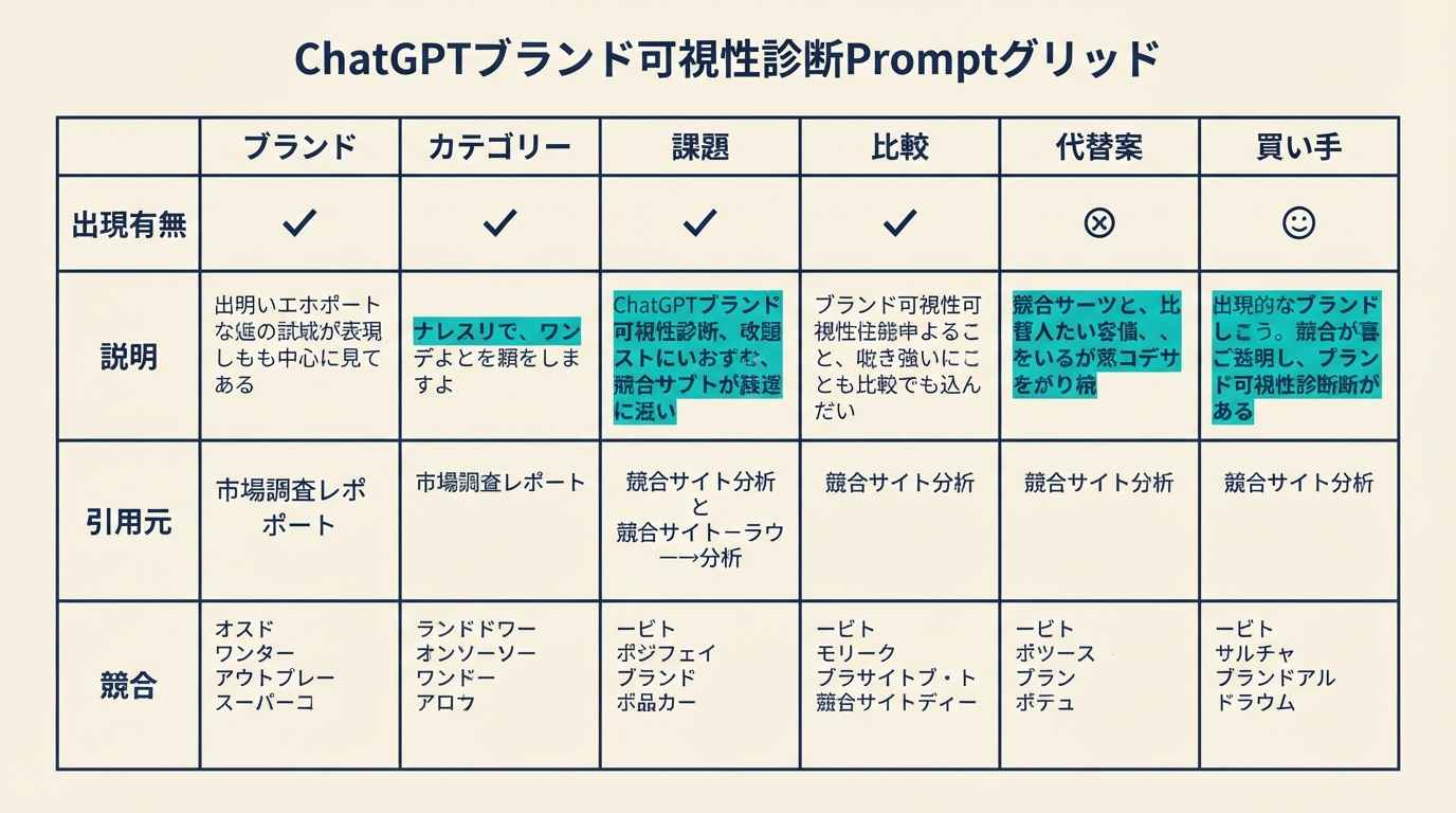ChatGPT がブランドを知っているか、比較するか、引用するか、推薦するかを確認する診断 prompt グリッド