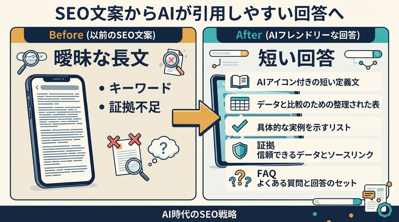 曖昧な SEO copy を回答ブロック、表、例、証拠、FAQ に作り直す before-after コンテンツ抽出図