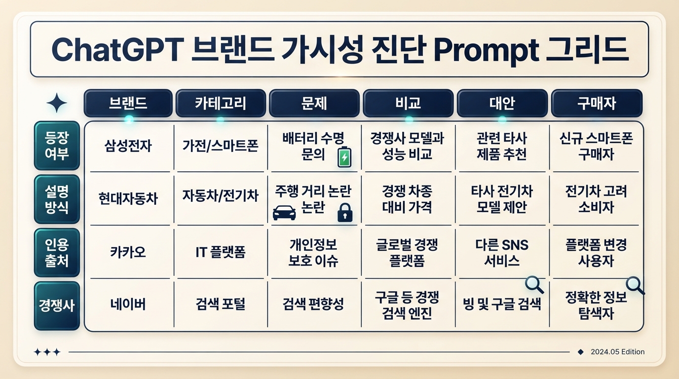 ChatGPT가 브랜드를 알고, 비교하고, 인용하고, 추천하는지 확인하는 진단 prompt 그리드
