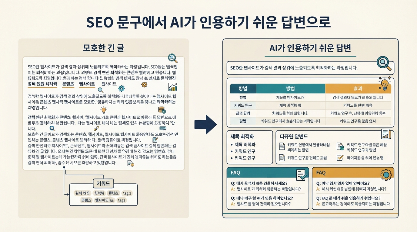 모호한 SEO copy를 답변 블록, 표, 예시, 증거, FAQ로 재구성하는 전후 콘텐츠 추출 다이어그램