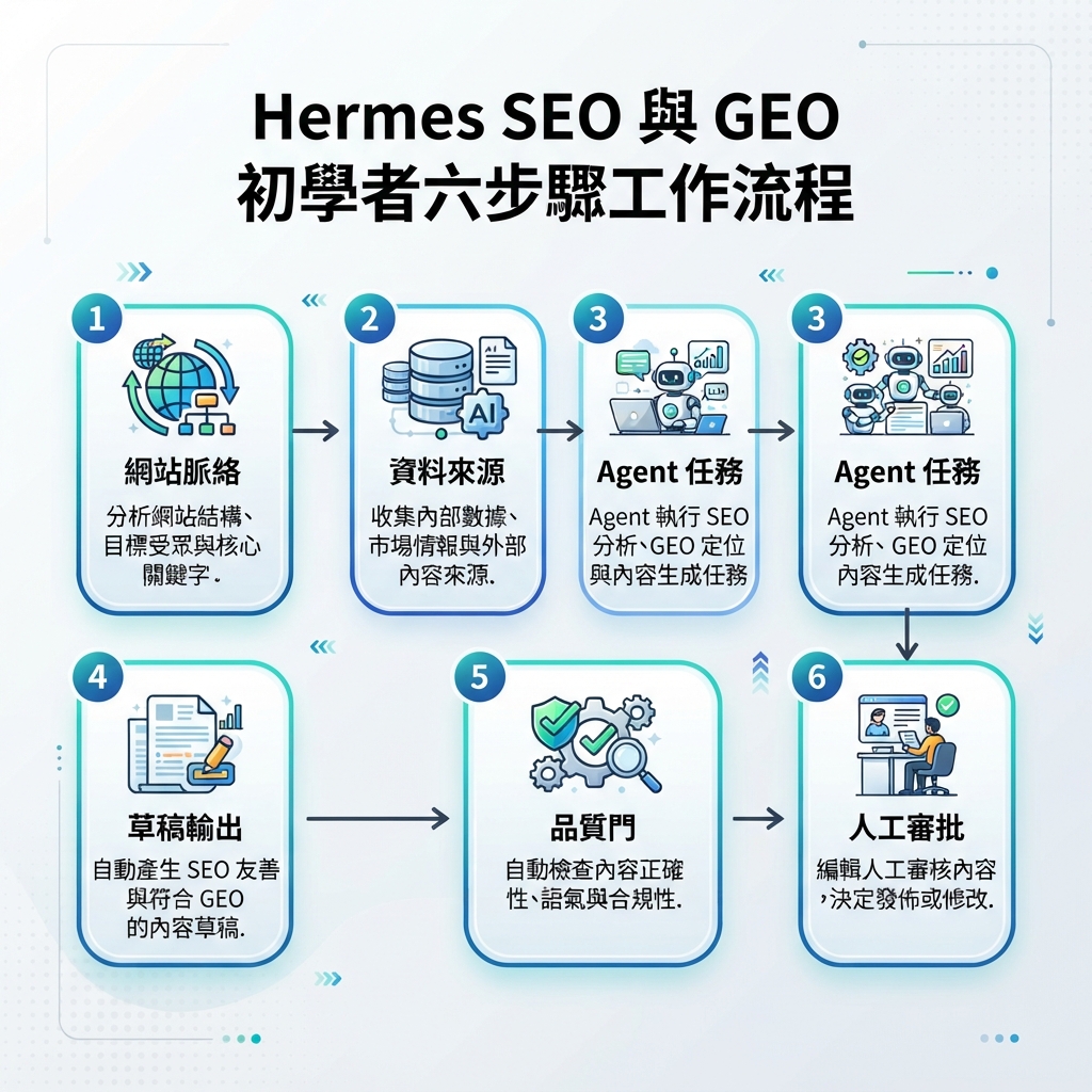 Hermes SEO 和 GEO 新手六步工作流：網站脈絡、資料來源、agent 任務、草稿輸出、品質門和人工審批。