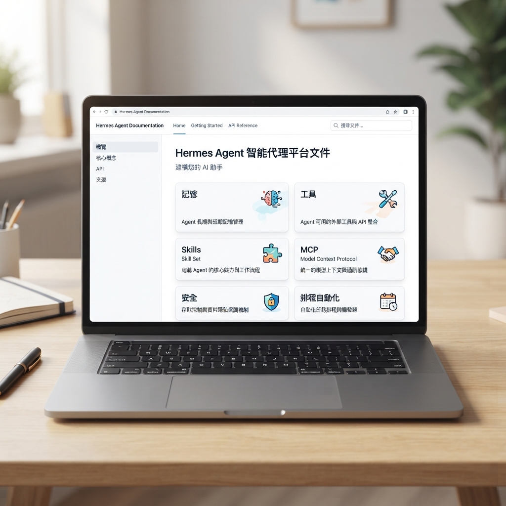 未登入桌面狀態下擷取的 Hermes Agent 公開文件頁面截圖。