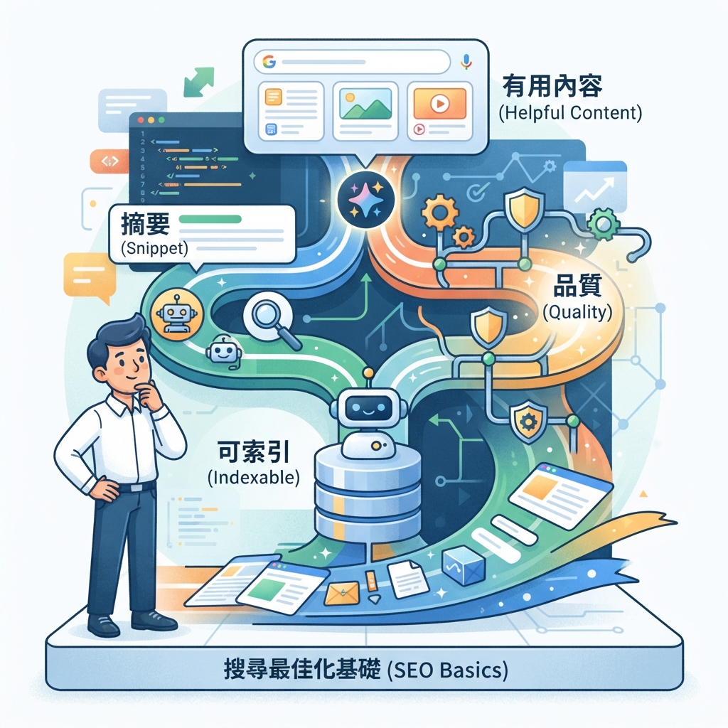 未登入桌面狀態下擷取的 Google Search 生成式 AI 優化指南截圖。