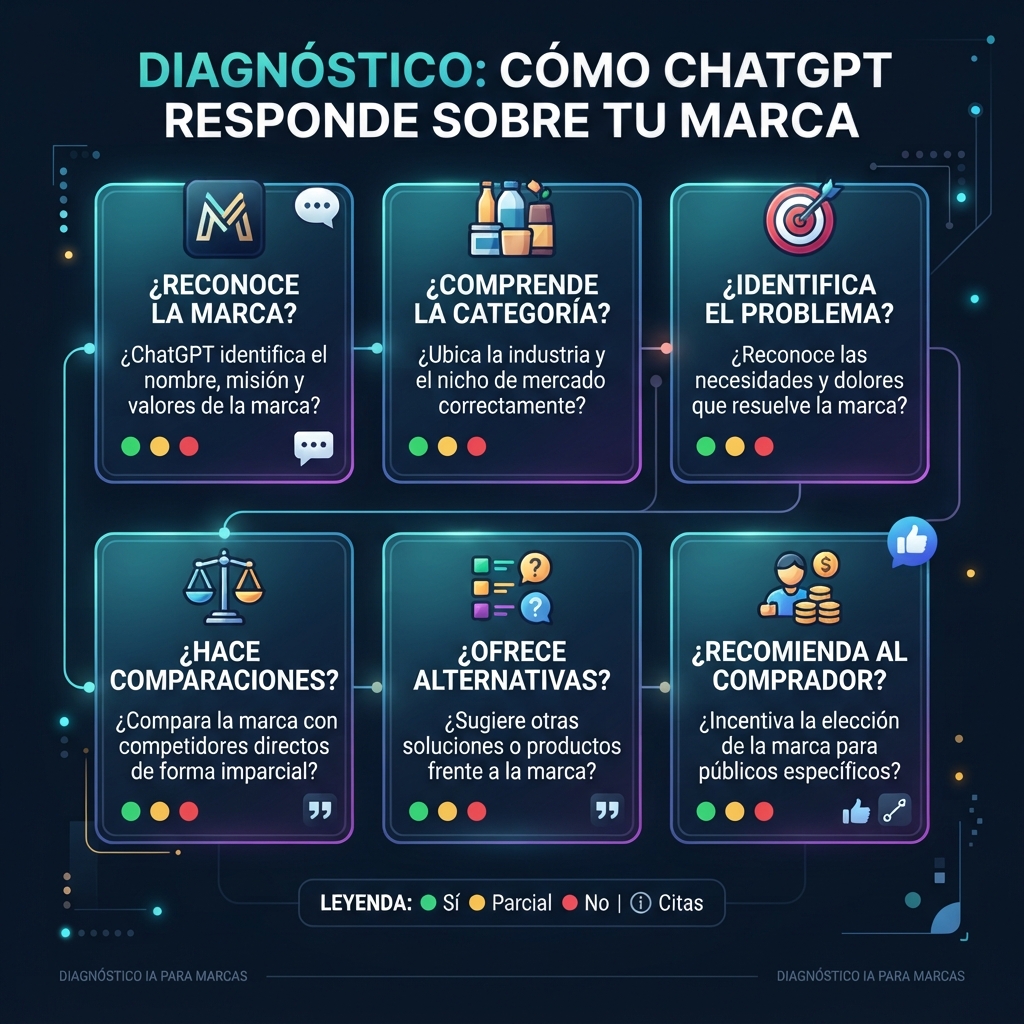 Cuadrícula de prompts de diagnóstico para comprobar si ChatGPT conoce, compara, cita o recomienda una marca.