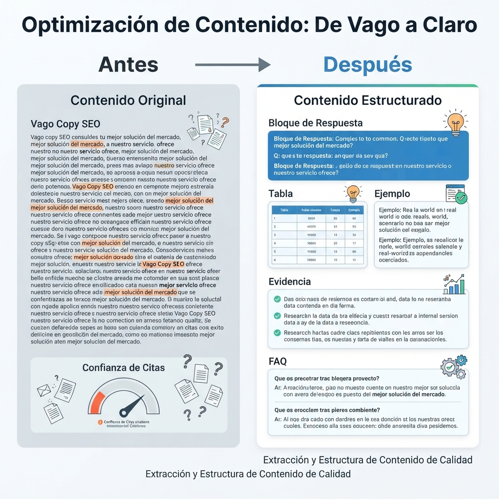 Diagrama antes y después de extracción de contenido que muestra copy SEO vago convertido en bloques de respuesta, tablas, ejemplos, evidencia y FAQ.