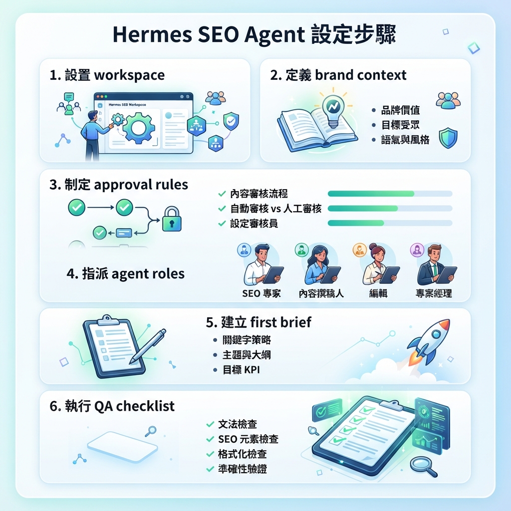 新手 Hermes SEO Agent 五步設定清單：建立工作區、加入品牌上下文、加入審批規則、定義 agent 角色、執行第一份 brief。