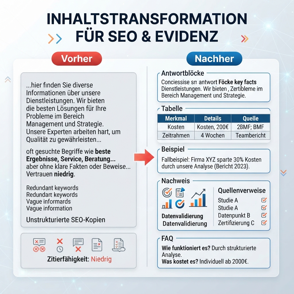 Vorher-Nachher-Diagramm zur Content-Extraktion: vage SEO-Texte werden zu Antwortblöcken, Tabellen, Beispielen, Nachweisen und FAQs umgebaut.